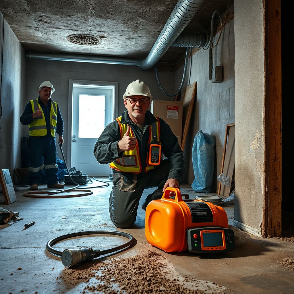 A certified mold remediation technician in full protective gear meticulously cleaning a wall in a Euless home.