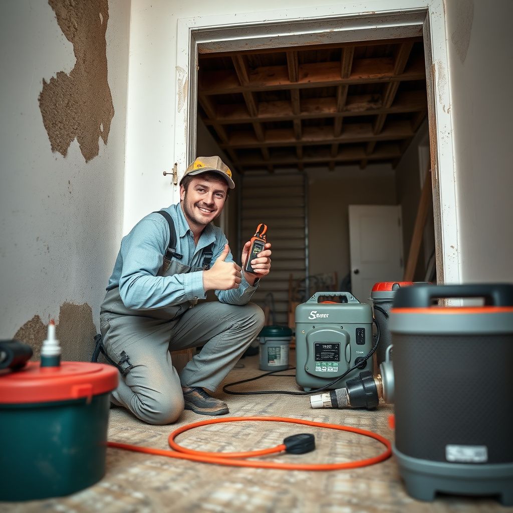 A close-up of a certified mold remediation technician in Hurst, Texas, explaining a moisture reading on a digital device to a concerned homeowner.