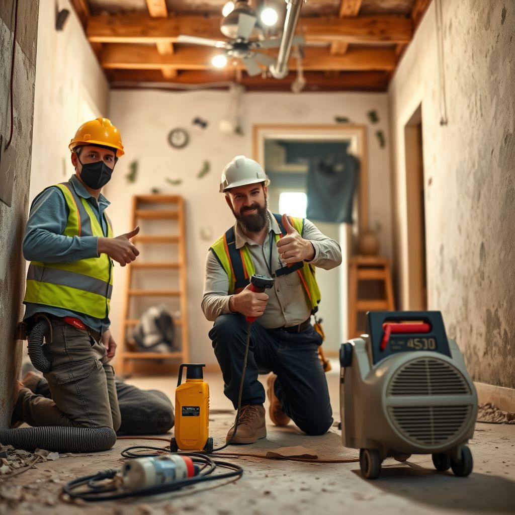 A close-up of a certified mold remediation technician's badge and gloved hand, holding a moisture meter against a wall in a Bedford property.