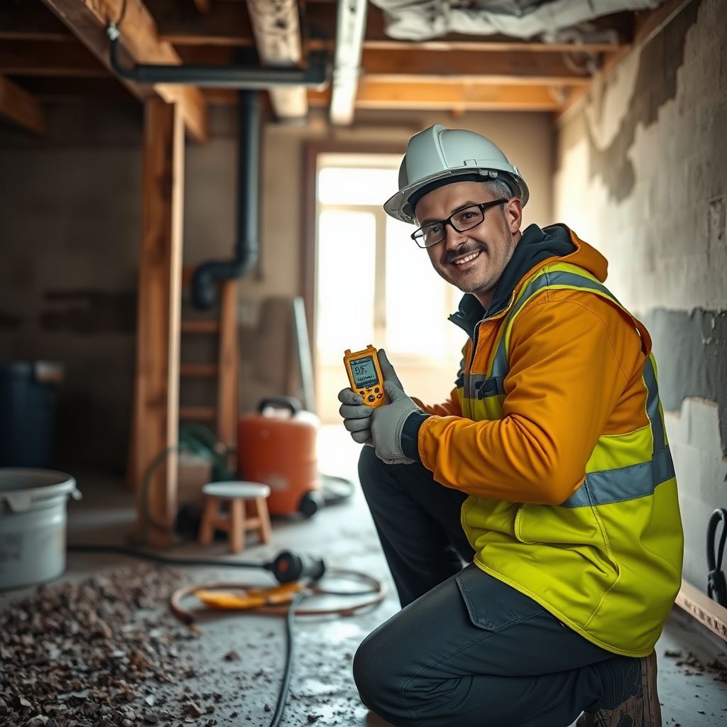 A close-up of a certified mold remediation technician in Fort Worth explaining a moisture reading to a homeowner, showing professionalism and clear communication.